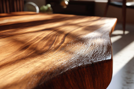 Table basse en bois massif avec veinage naturel dans un intérieur lumineux
