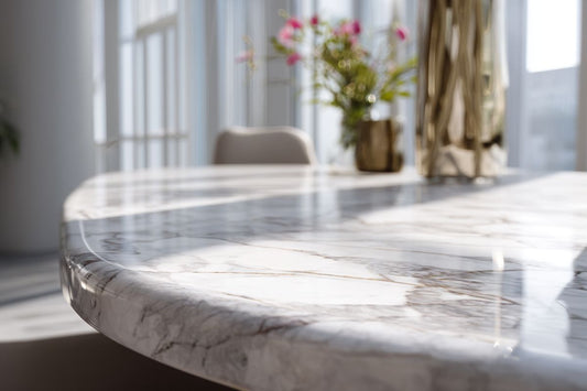 Table en marbre élégante dans un intérieur lumineux, symbole de raffinement et de soin