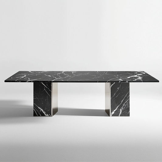 Table marbre noir – Rectangulaire avec pieds blocs métalliques