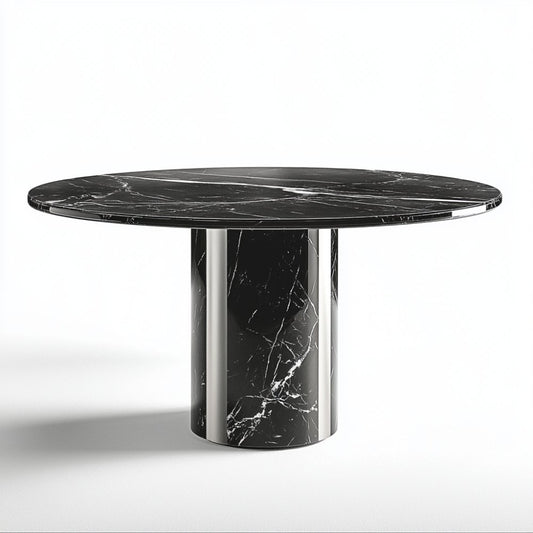 Table marbre noir ronde – Base cylindrique en métal miroir