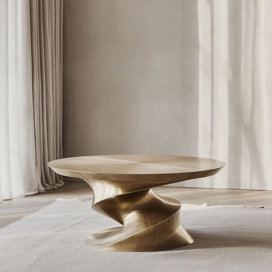 Table basse bois et métal – Design doré sculptural