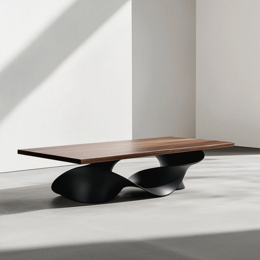 Table basse en bois et métal – Plateau noyer rectangulaire 130x60 cm – Piètement sculptural en métal noir