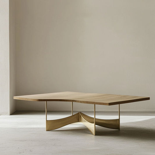 Table basse bois et métal – Design organique doré