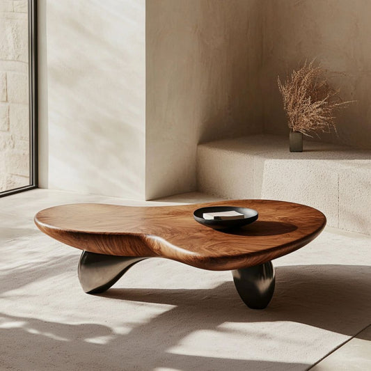 Table basse en bois et métal – Plateau organique en noyer 130x65 cm – Pieds métal noir sculptés