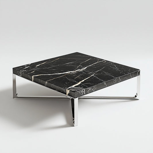 Table basse carrée marbre noir 90x90 cm – Design contemporain chromé